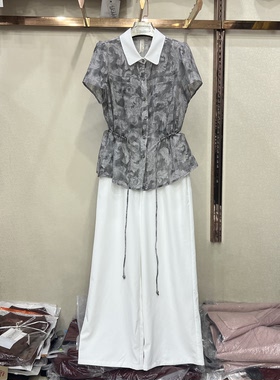 浩庆2026A33专柜正品洋气夏款女新款时尚翻领印花阔腿裤两件套裤