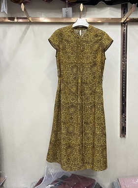 名扬M26XL7128专柜正品女夏季包袖收腰系带复古印花妈妈装中长裙