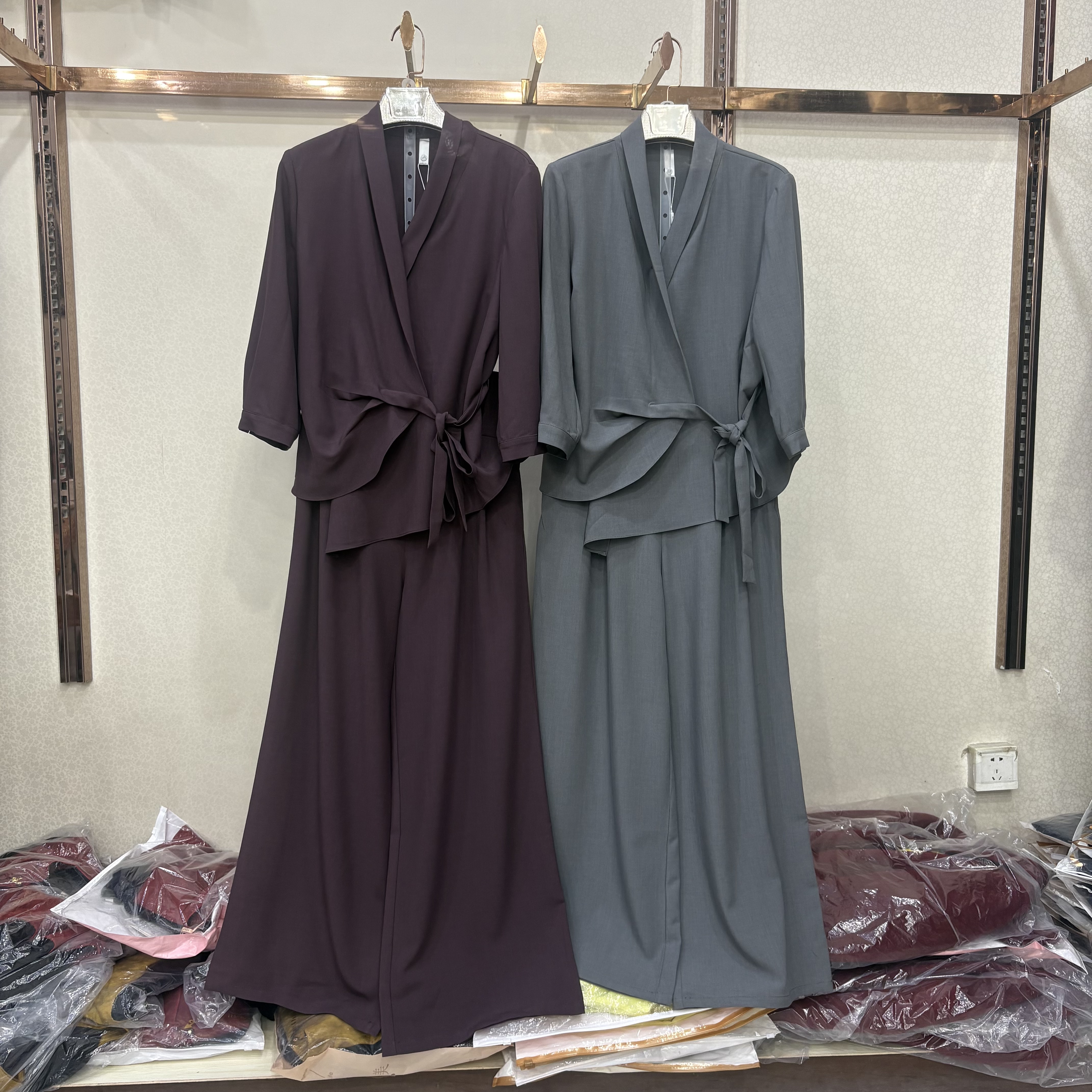 商场同款86036高级感紫调套装收腰系带V领上衣+阔腿裤 温柔气质女