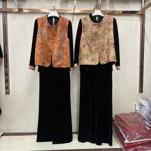 雨格A726专柜正品春金丝绒衬衫+直筒裤+新中式马甲三件套裤女妈妈