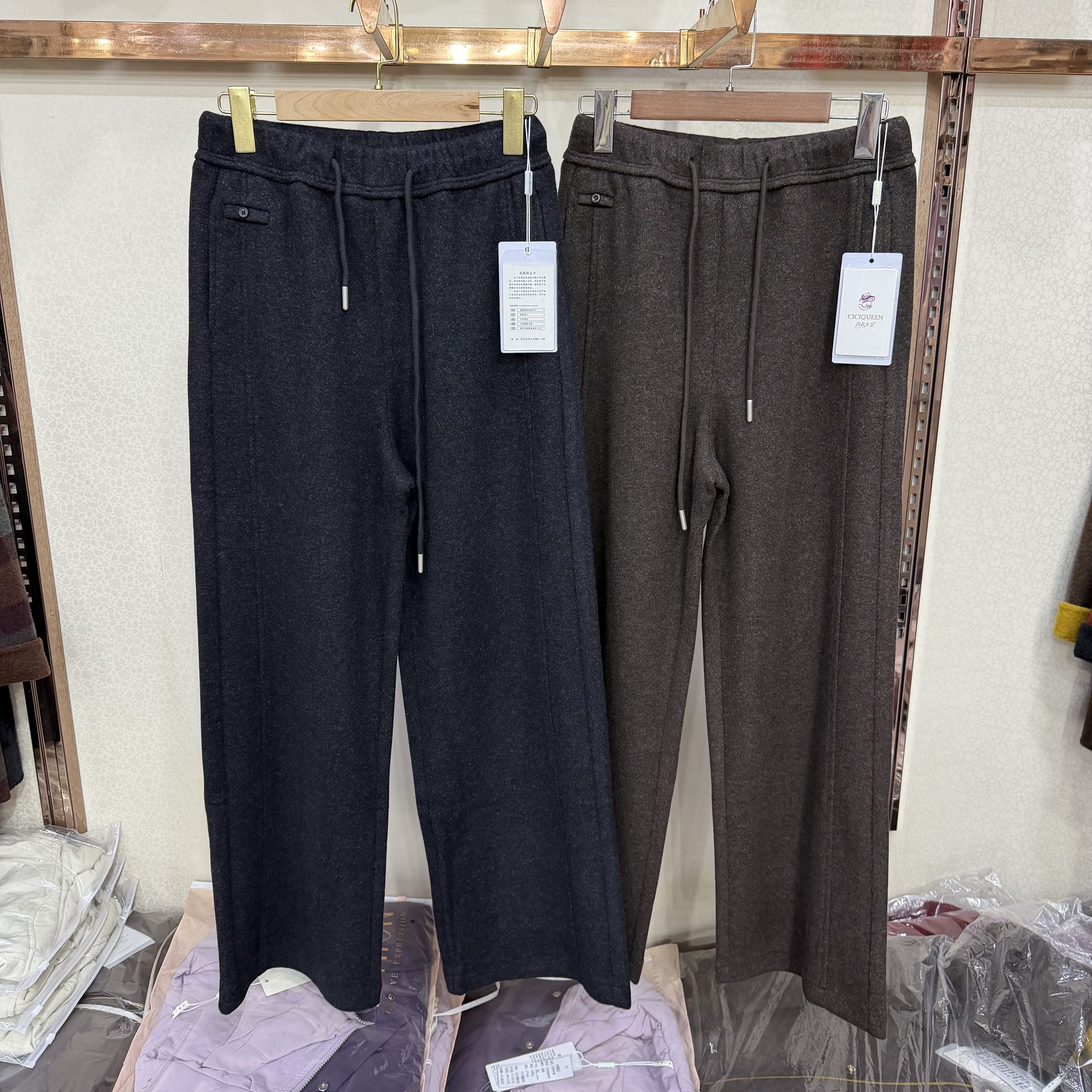 茜茜女皇8331秋冬抽绳直筒裤女高腰中线阔腿裤妈妈垂感休闲长裤子