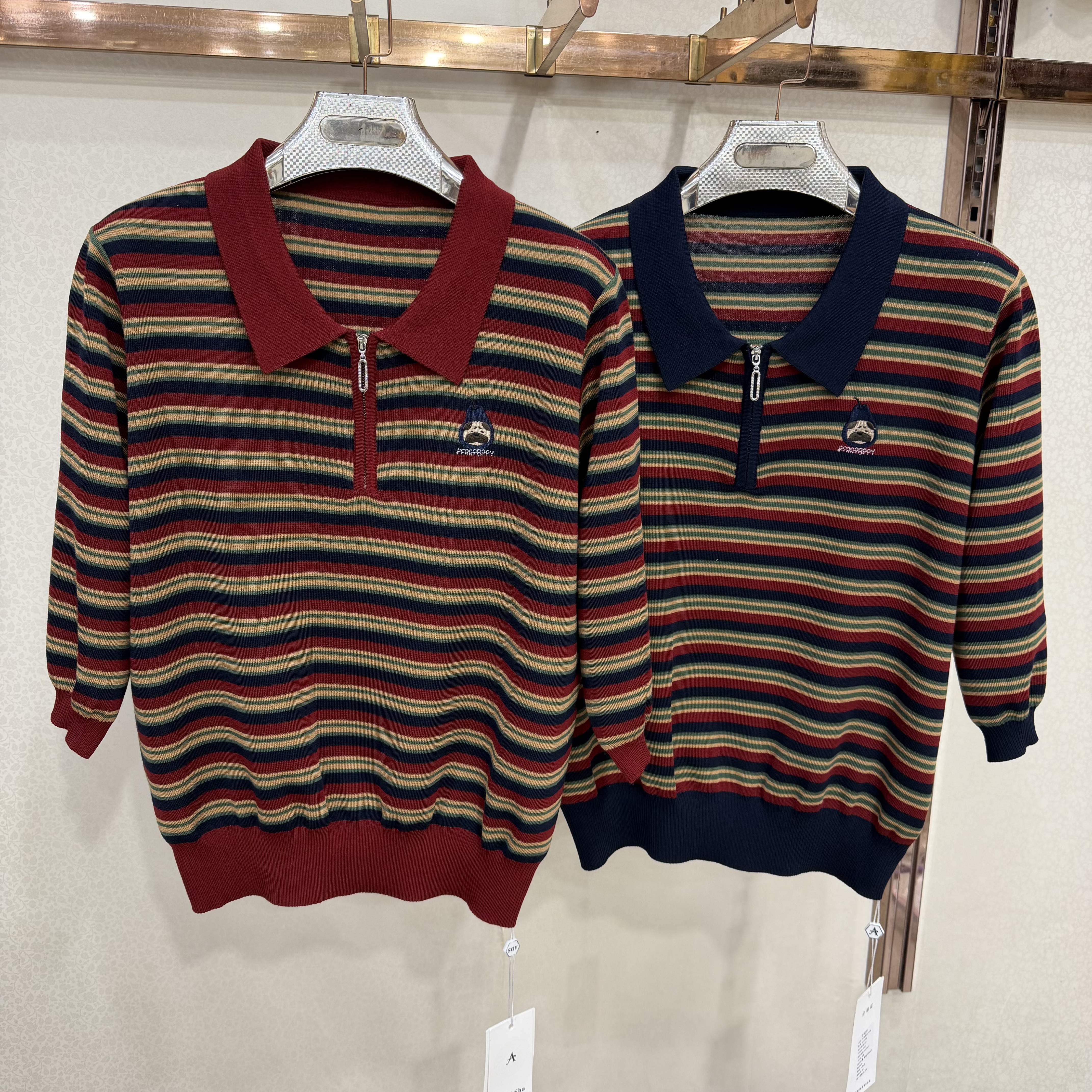 26122Polo领半拉链条纹针织衫女秋季七分袖卡通刺绣宽松复古套头