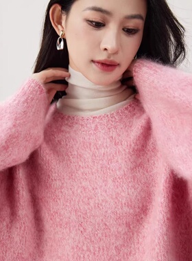 高克重山羊绒绵羊毛花纱拉毛针织圆领/V领毛衣小皮草软糯女慵懒风