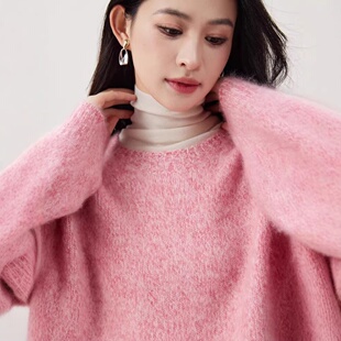 高克重山羊绒绵羊毛花纱拉毛针织圆领/V领毛衣小皮草软糯女慵懒风