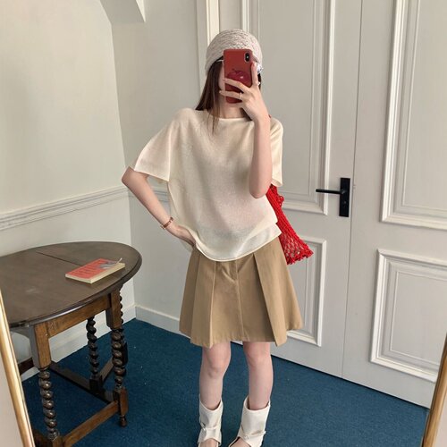 新款圆领短袖针织衫女冰丝防晒薄款宽松显瘦和纸纱透气休闲上衣夏
