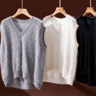 100%纯山羊绒拉绒工艺 V领宽松毛衣马甲背心叠搭春秋加厚显瘦百搭