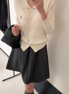 2025秋季新款刺绣小马Polo领麻花长袖针织开衫小香风含蚕丝羊毛