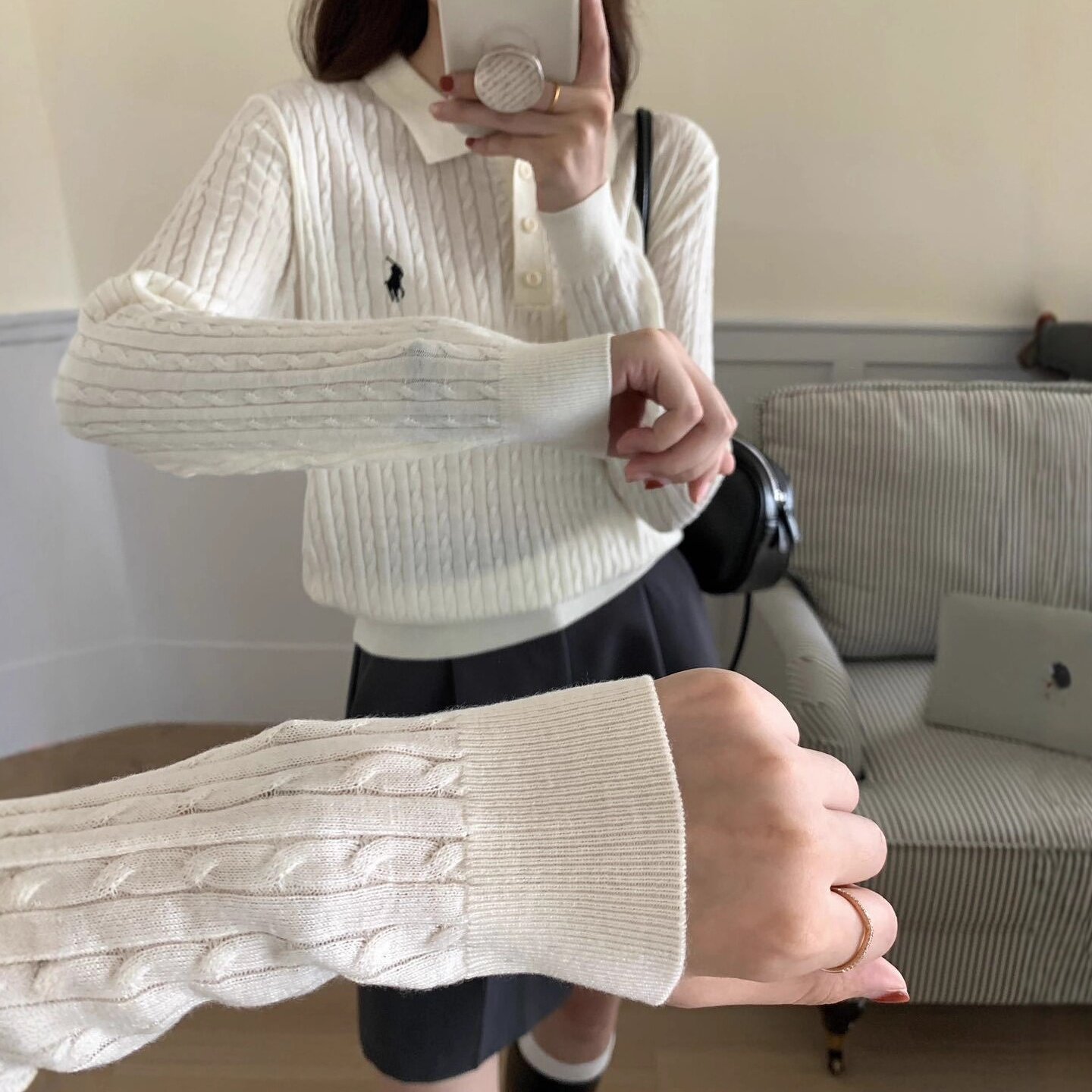 polo领小马女士麻花翻领长袖毛针织衫秋新款上衣刺绣绞花毛衫t恤