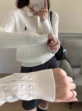 polo领小马女士麻花翻领长袖毛针织衫秋新款上衣刺绣绞花毛衫t恤