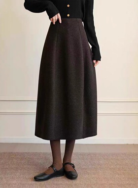 秋冬羊毛高级简约 六片式立裁伞裙高腰呢料A字半身裙松紧腰女冬