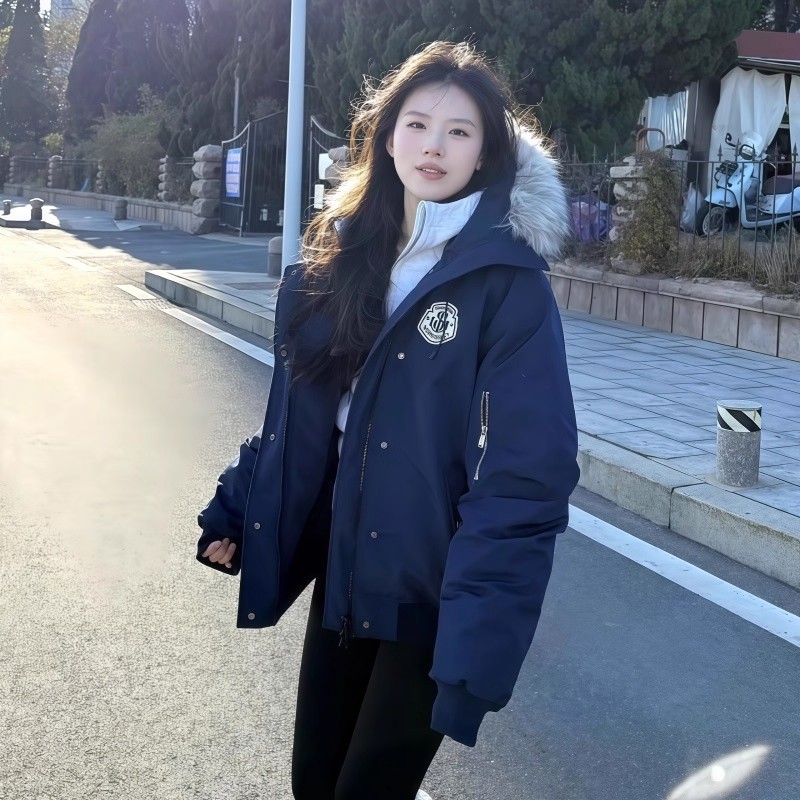工装风毛领加厚棉服女2025新款冬季连帽中长款棉衣棉袄外套情侣潮