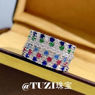 TUZI培育钻石彩虹指环女S925纯银细钻彩宝叠戴戒指食指戒钻戒推荐