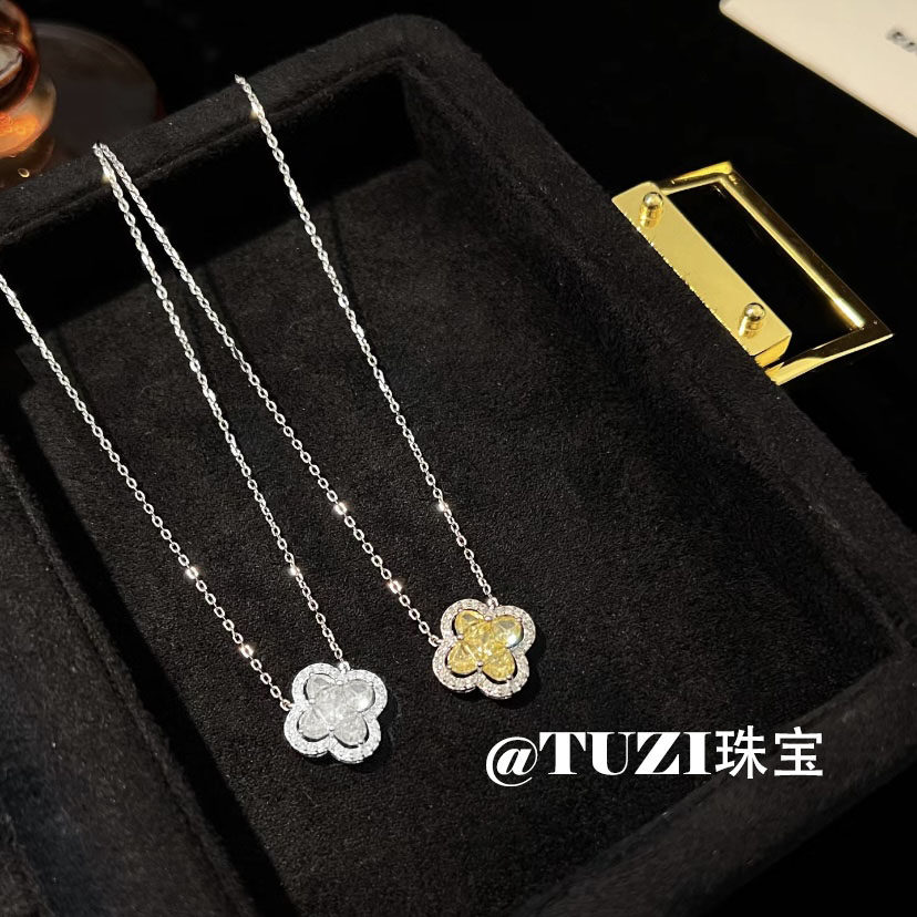 TUZI高级感黄钻四叶草项链S925纯银培育钻石老钱风锁骨链精致推荐