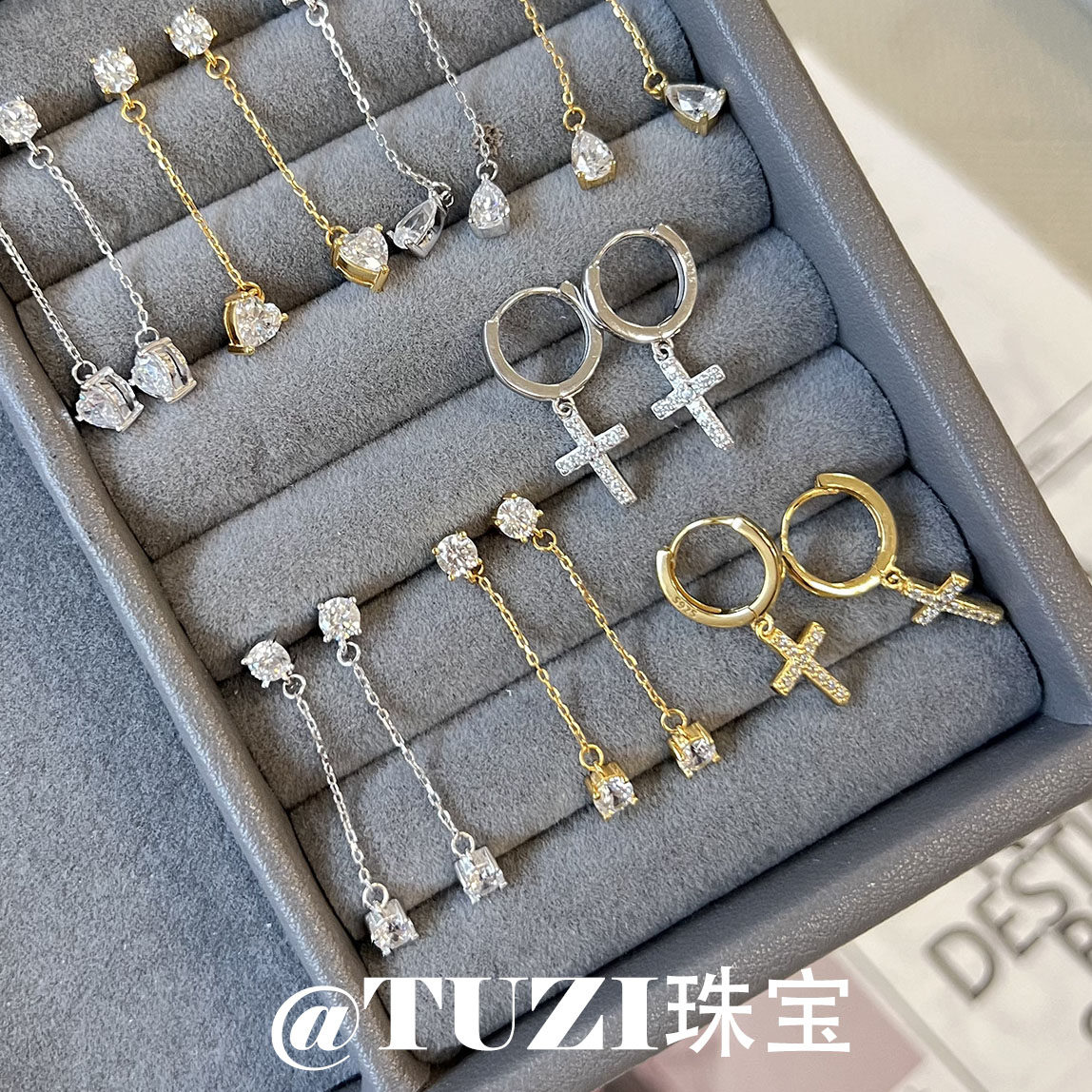 TUZI培育钻石K金十字架耳环925银气质高级感长款耳坠水滴耳钉推荐