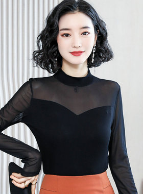 半高领蕾丝网纱打底衫内搭2025春秋新款洋气莫代尔长袖上衣女修身