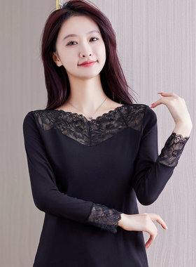 春秋新款上衣女黑色莫代尔t恤V领蕾丝打底衫洋气内搭韩版外穿小衫