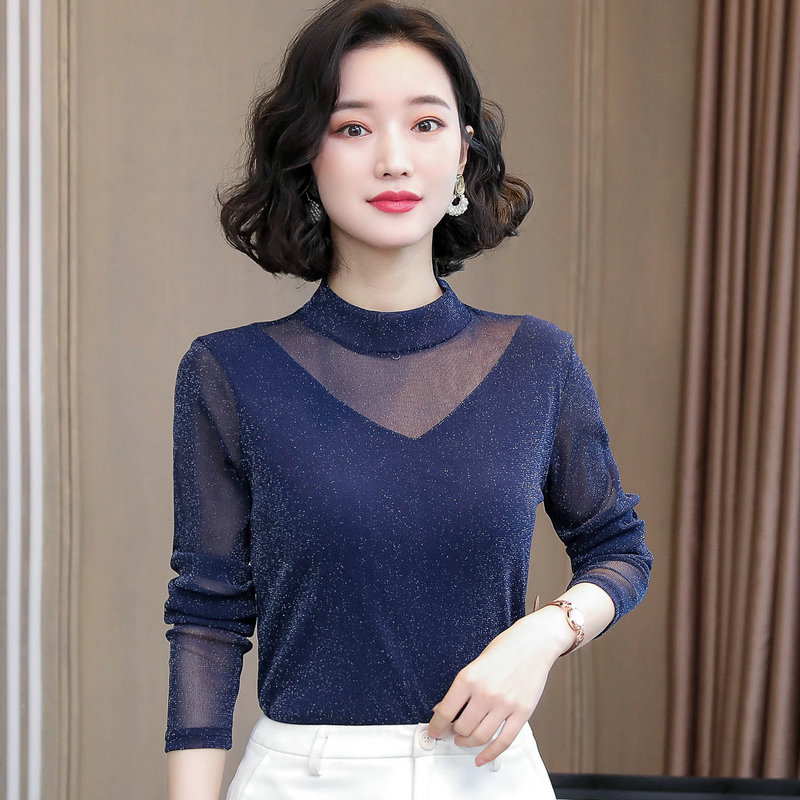 2025春秋新款女装亮丝网纱打底衫女长袖t恤内搭蕾丝衫闪光丝上衣