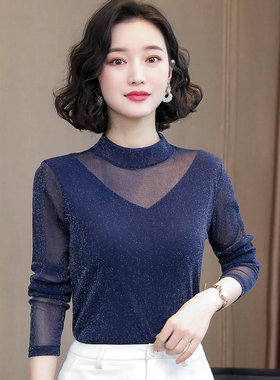 春秋小衫新款女装亮丝网纱打底衫女长袖t恤内搭蕾丝衫闪光丝上衣
