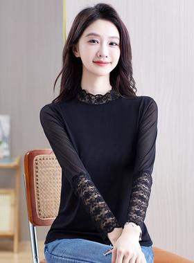 特价网纱打底衫女春秋年新款半高领洋气小衫蕾丝性感内搭长袖上衣