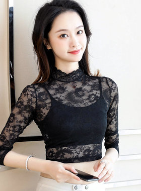夏装半身半截网纱打底衫蕾丝百搭短袖高领短款t恤内搭罩衫长袖女