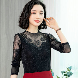 立领蕾丝打底衫春秋时尚女装长袖百搭网纱纱衣黑色上衣薄款洋气