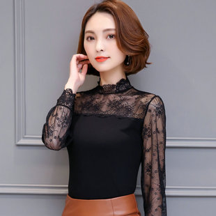 蕾丝打底衫女长袖t恤大码立领莫代尔内搭缕空上衣潮2025秋装新款