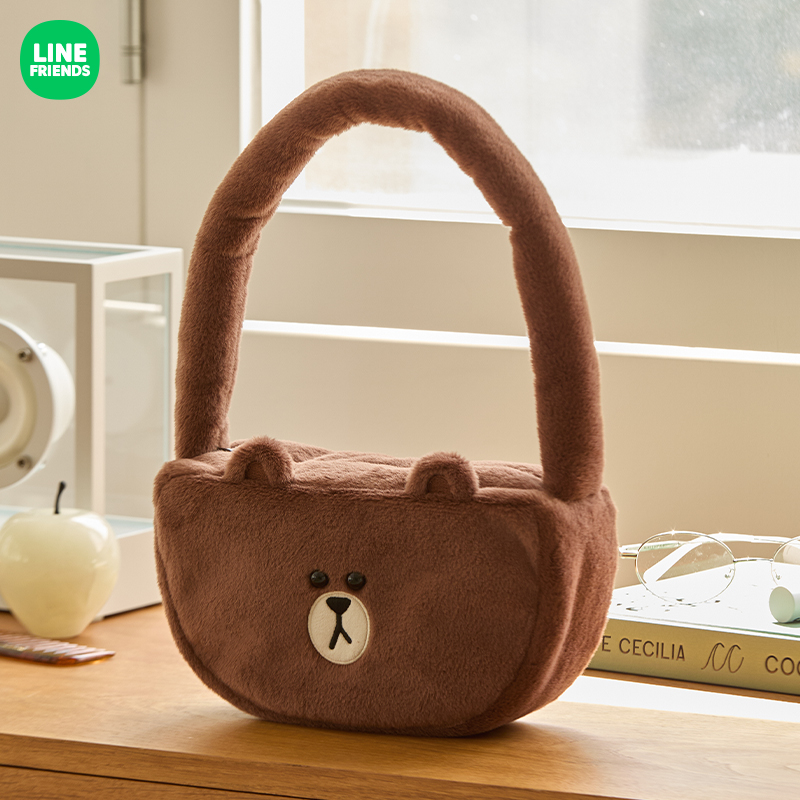LINE FRIENDS布朗熊HUG BROWN毛绒托特包女腋下包通勤手提单肩包