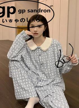 日本gp甜美碎花格子睡衣女士春秋款娃娃领外穿家居服长袖宽松套装