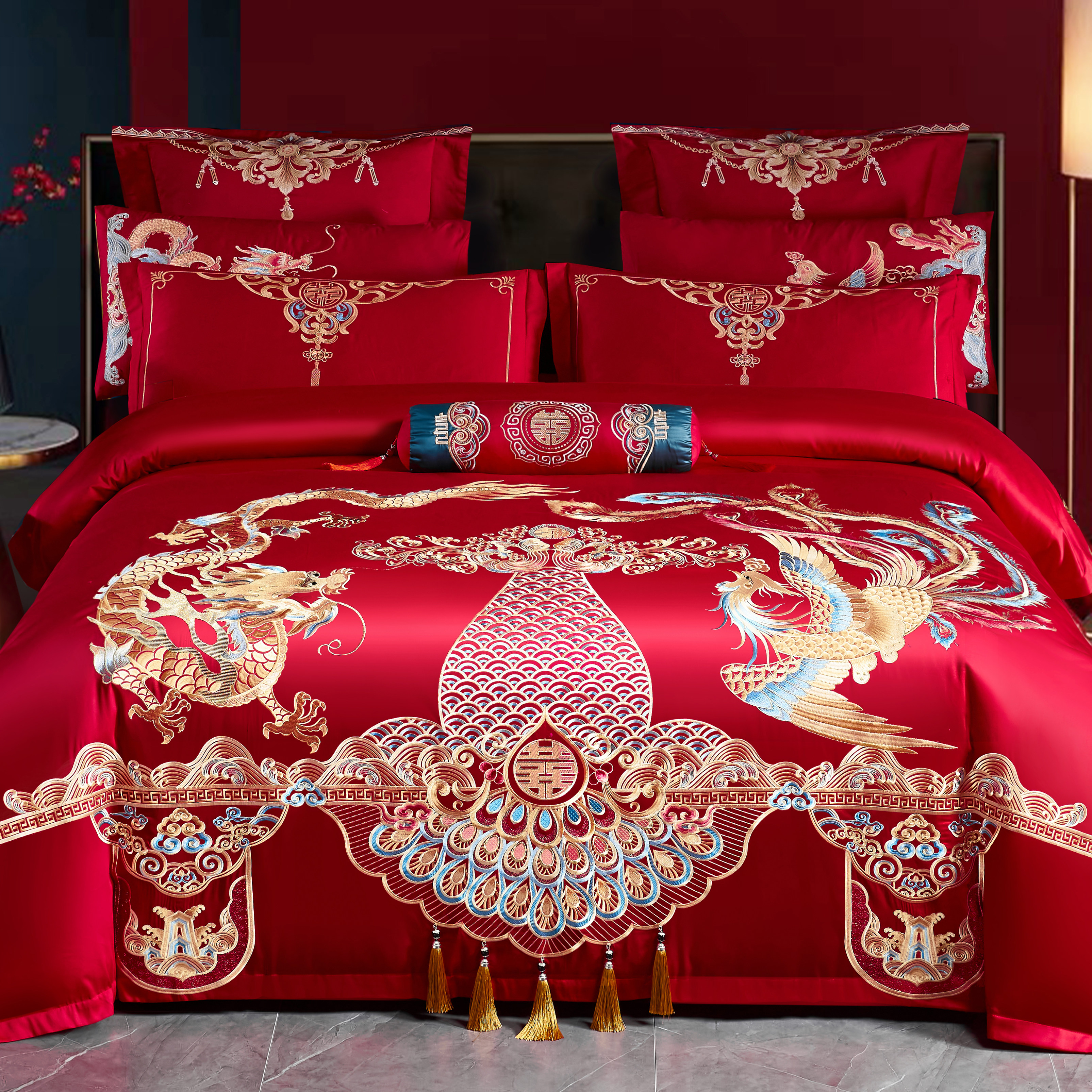 140支婚庆四件套大红新中式结婚龙凤加厚全棉新婚房高档纯棉喜被