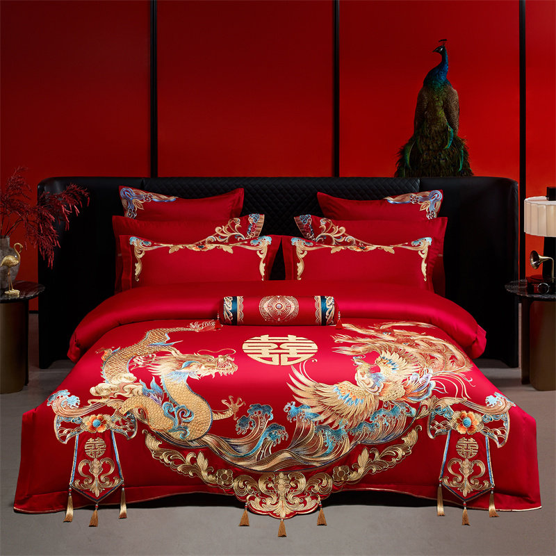 180支婚庆四件套大红长绒棉刺绣龙凤高档精品结婚房床上用品全棉