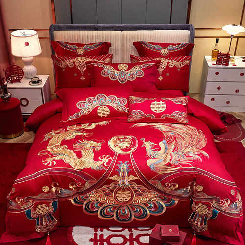 新婚龙凤大红高端纯棉房嫁床品
