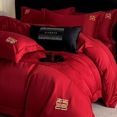 简约婚庆红色刺绣四件套全棉提花被套高级感结婚喜庆床上用品套件