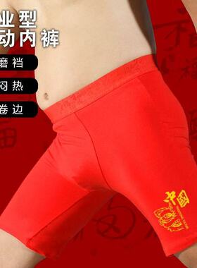 四季本命年红内裤男士透气纯棉平角裤加长防磨腿中腰大红色四角裤