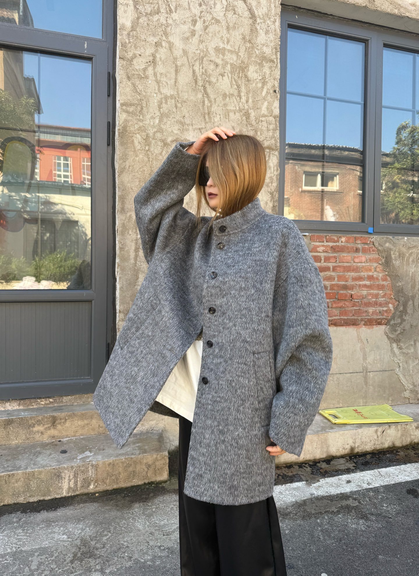 韩式小立领极简风大衣驼绒大衣一手长外套韩版宽松小个子羊毛外套