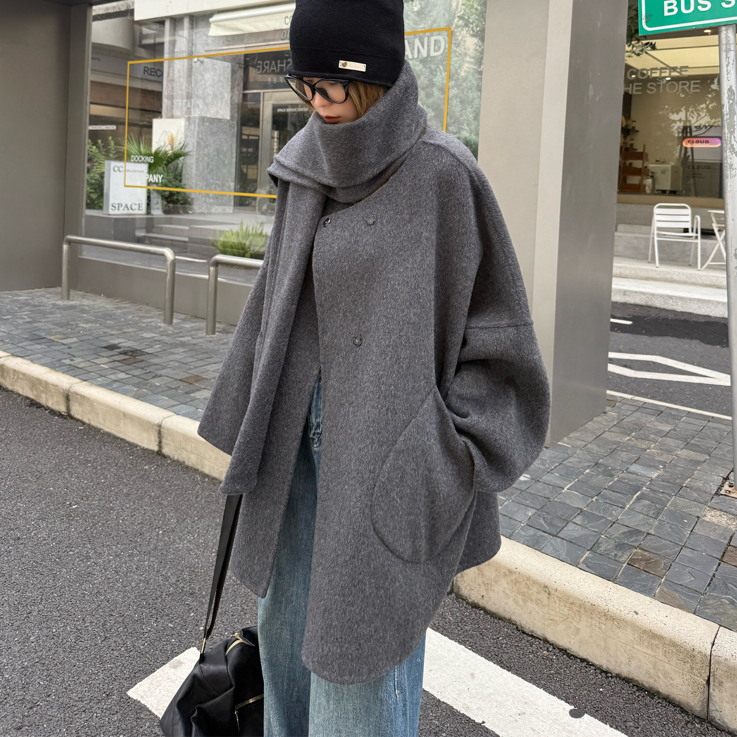 高级感双面羊驼绒大衣女围巾两件套宽松轻奢气质双面羊毛呢子外套