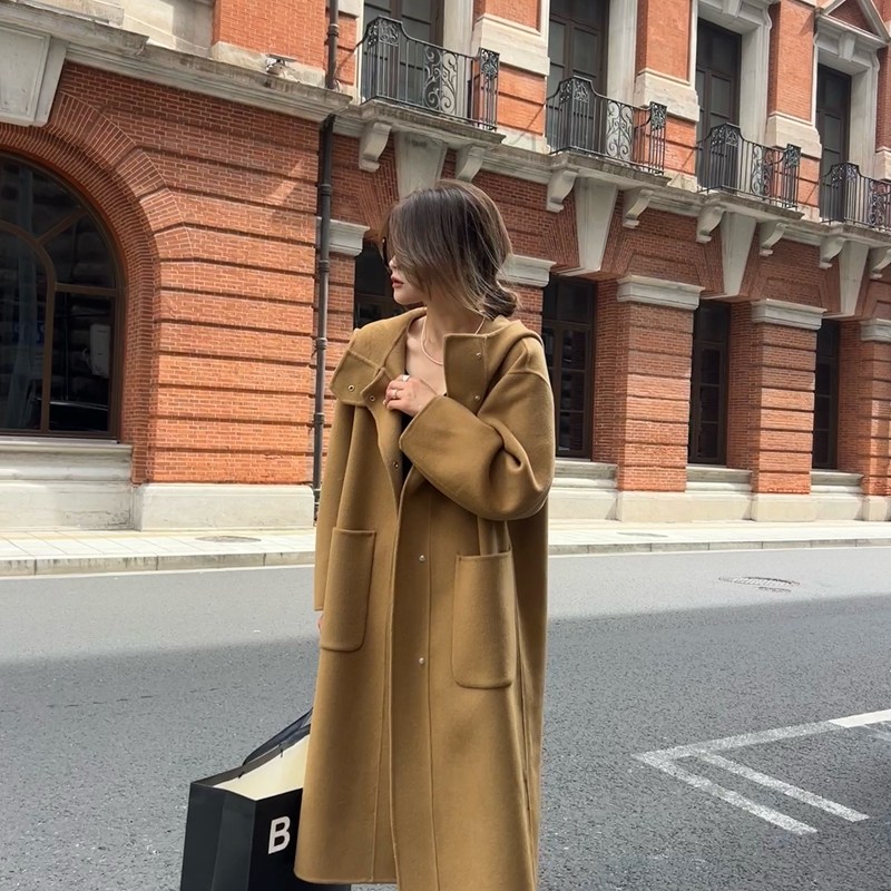 双面羊毛大衣女中长款韩版宽松休闲显瘦连帽纯色百搭羊毛呢子外套