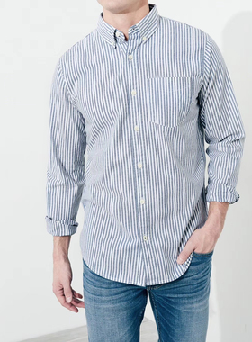 UO日系百搭水洗蓝条纹纯棉男休闲长袖衬衫春秋经典URBAN OUTTERS