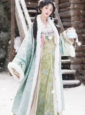 原创唐制汉服冬【静还决 芸台青木】新品外套齐胸裙加绒加厚套装