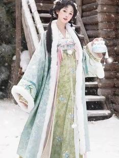 原创唐制汉服冬【静还决 芸台青木】新品外套齐胸裙加绒加厚套装