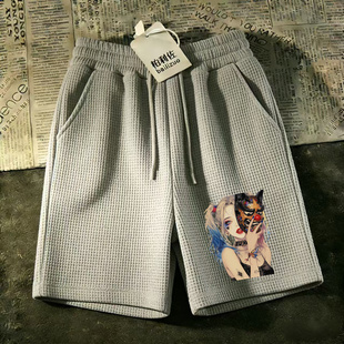 男夏季 中裤 设计感直筒裤 休闲裤 马裤 子华夫格短裤 宽松青少年沙滩裤