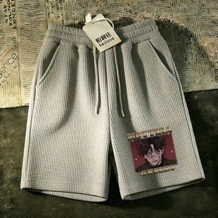 男士 宽松休闲马裤 运动中裤 大码 大裤 沙滩五分裤 华夫格潮流裤 衩 短裤