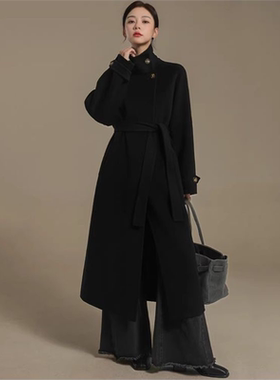 秋冬新款黑色立领双面呢大衣女中长款气质修身赫本风毛呢外套收腰