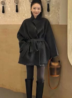黑色短款双面毛呢秋冬立领系带大衣女韩系高级感小个子毛呢外套女