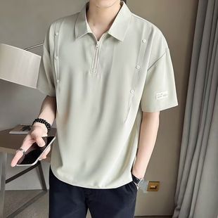 半拉链冰丝短袖 男设计感小众衬衫 T恤潮牌潮流上衣凉感半袖 POLO衫