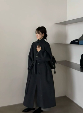2025秋冬韩系款立领双面羊绒呢大衣女长款慵懒宽松系带羊毛呢外套