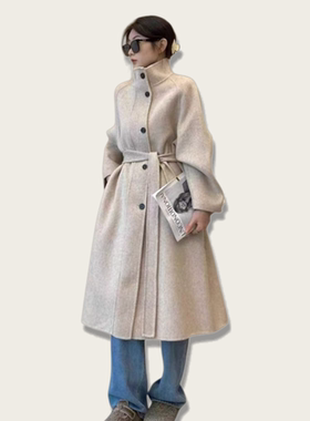 燕麦色潮流双面羊绒大衣女中长款立领收腰小个子慵懒羊毛呢外套