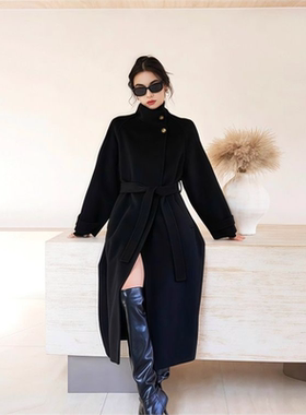 2025秋冬新款立领时尚黑色双面呢大衣女赫本风中长款毛呢高端外套