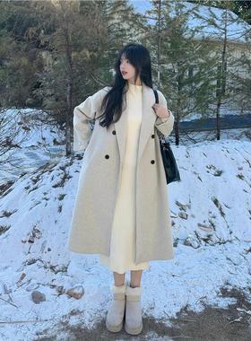 2025秋冬高端燕麦色双面呢大衣西装领宽松小个子中长款毛呢子外套