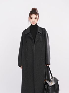 气质黑色时尚双面呢大衣女高级感2025年秋冬中长款宽松毛呢外套
