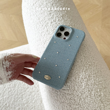 小众原创牛仔蓝皮质适用iPhone16promax手机壳"水晶钻石"质感高级手工皮革17promax苹果15pro保护壳硬壳14pro